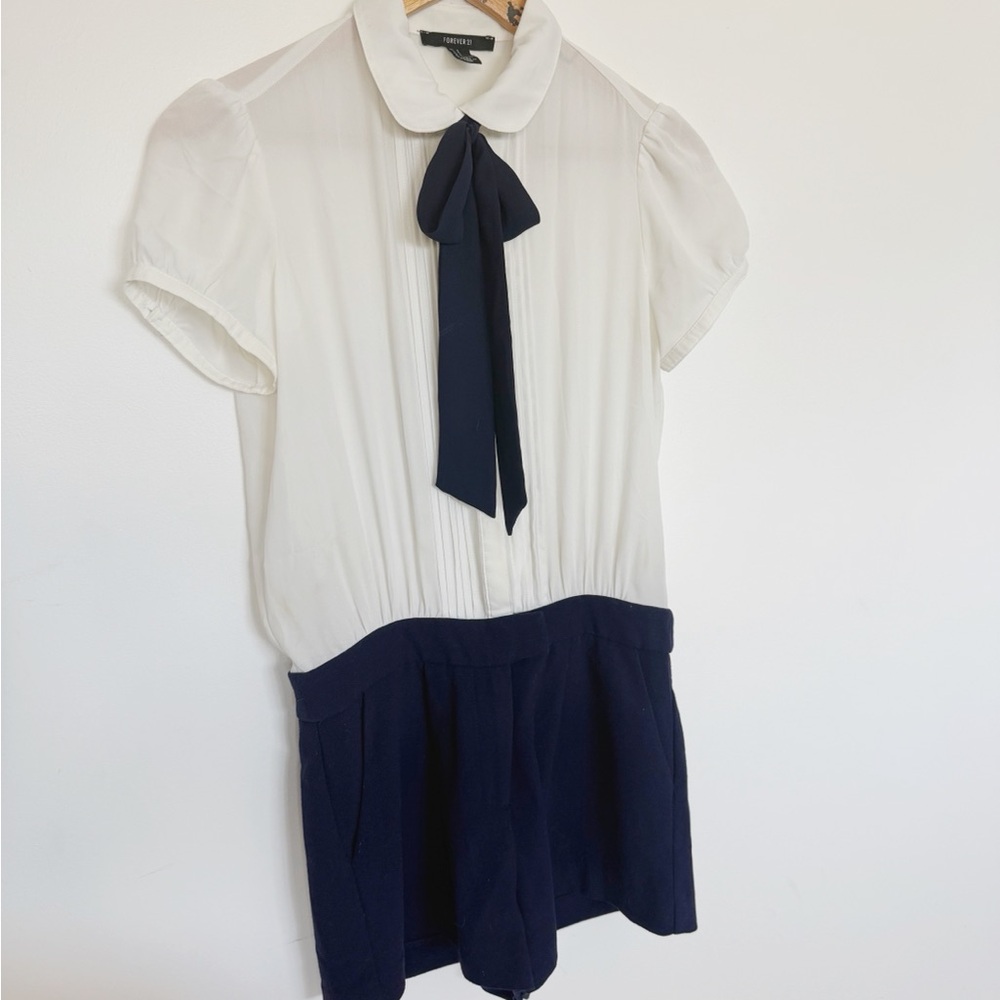 White Blouse with Navy Bow Romper Peter Pan Collar
